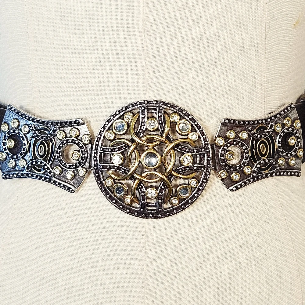 Chico's Brown Leather Western Belt Rhinestone Statement Buckle Boho M/L